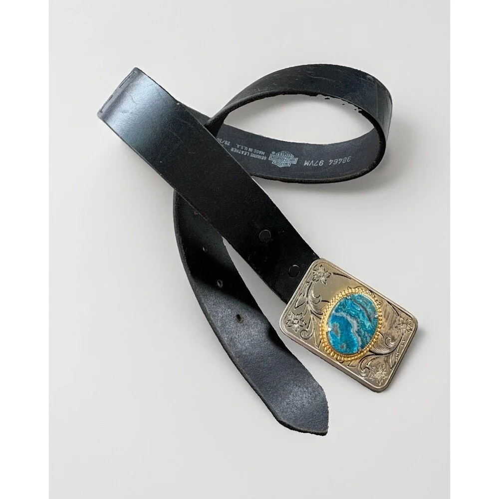 Harley Davidson Womens Black Leather Belt Turquoise Silver Western Buckle Size S